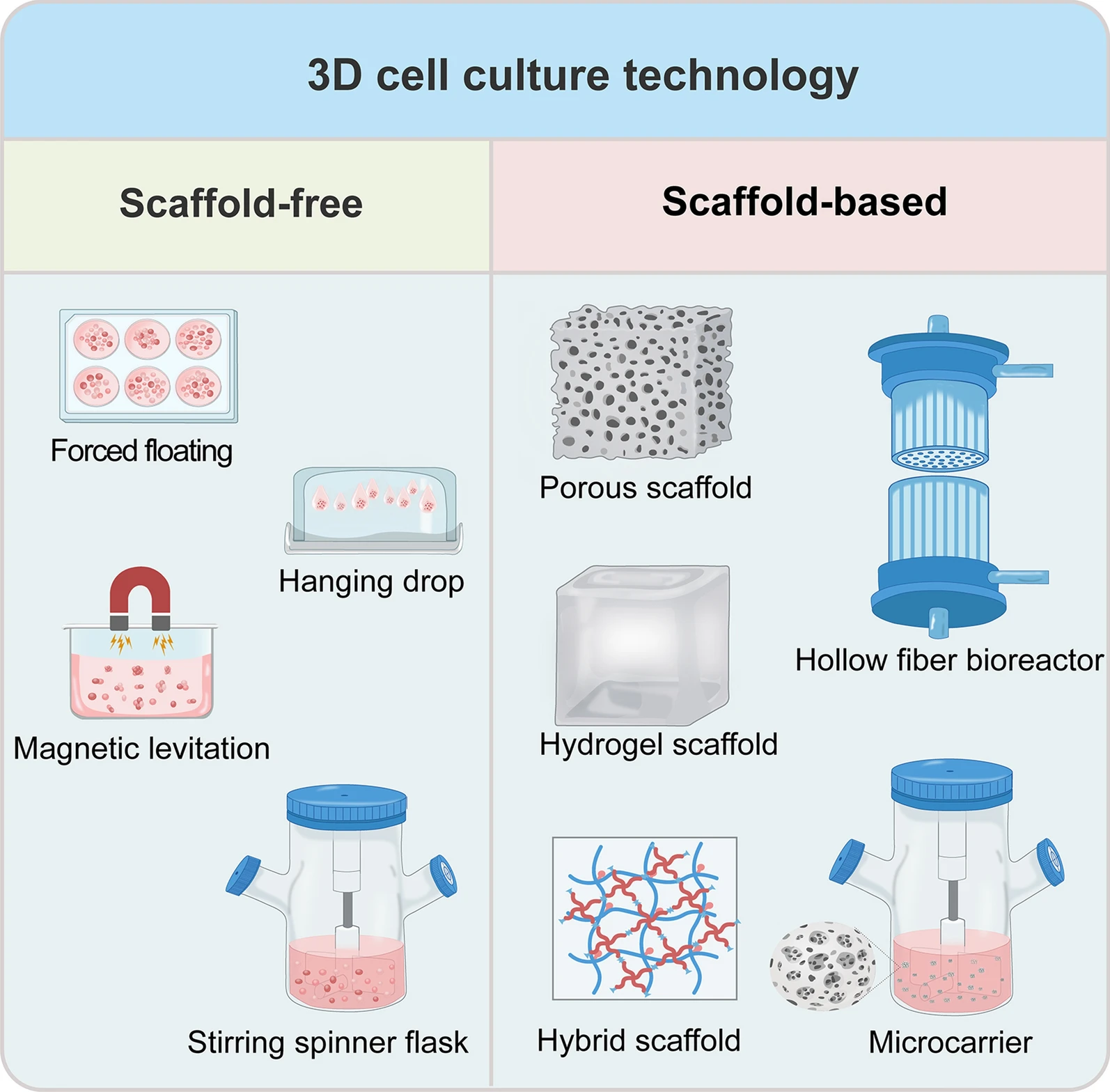 فناوری‌های کشت سه‌بعدی موجود در حال حاضر. که عمدتاً به دو روش اصلی تقسیم می‌شوند: با داربست و بدون داربست.
